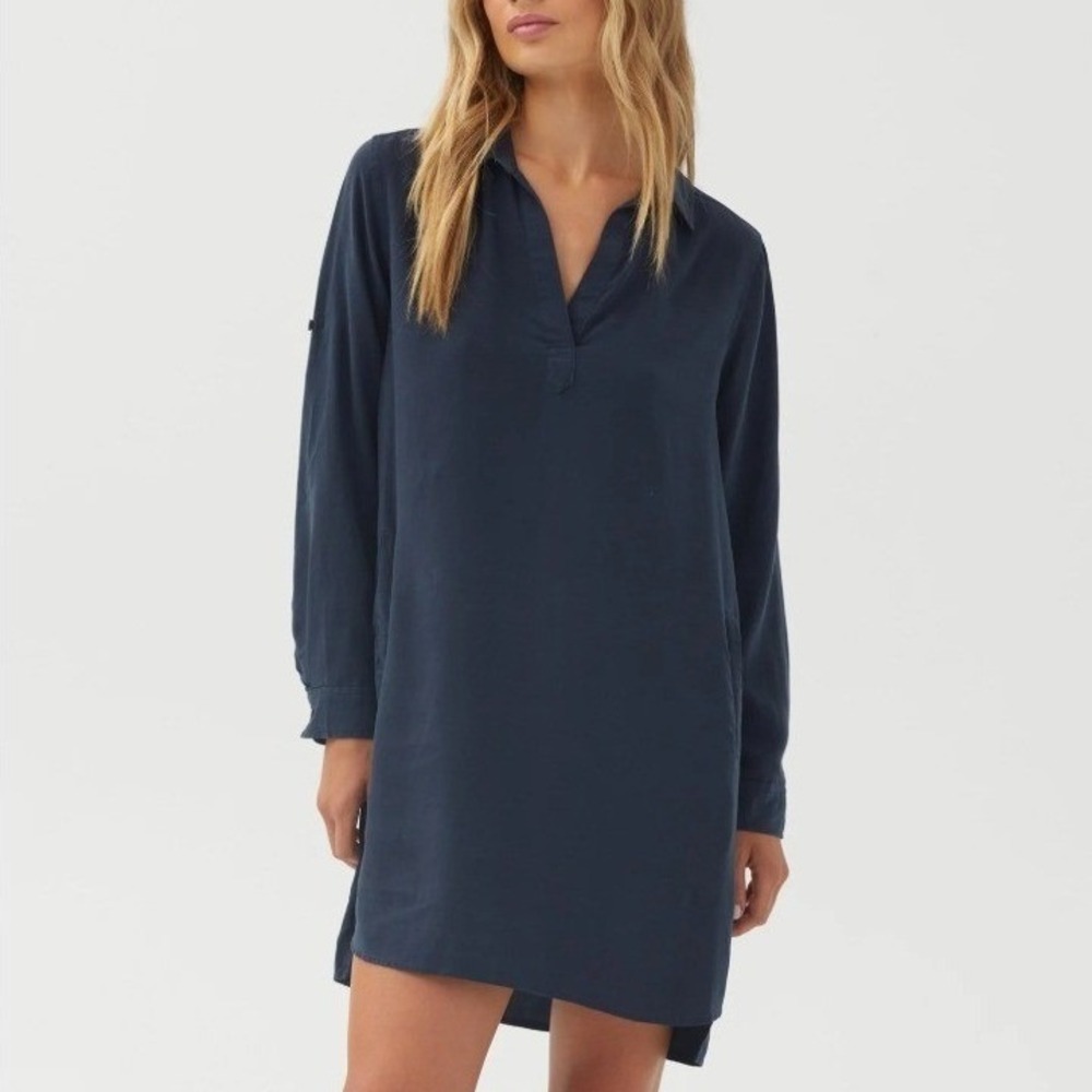 Bella Dahl Shirt Dress Medium Navy Blue 100% Tencel Lyocell Pockets